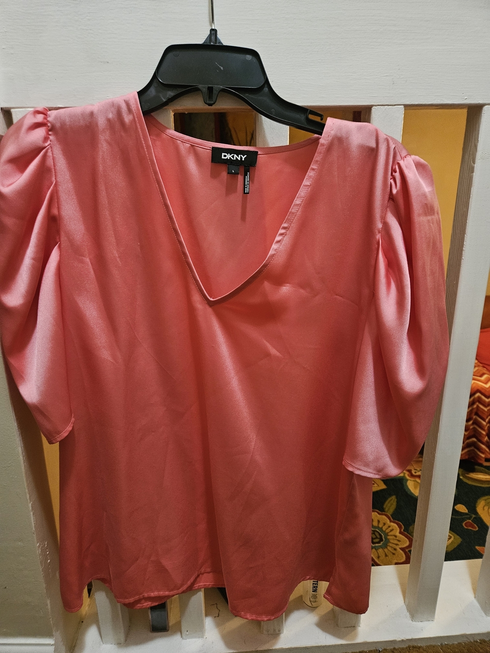 DKNY Coral Pink V-Neck Puff Sleeve Blouse